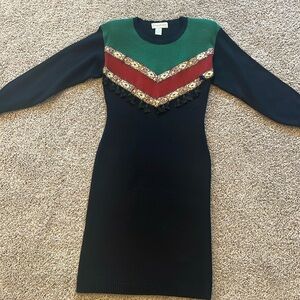 Vintage 1990s Betsy Lauren sweater dress black green red  size S Christmas